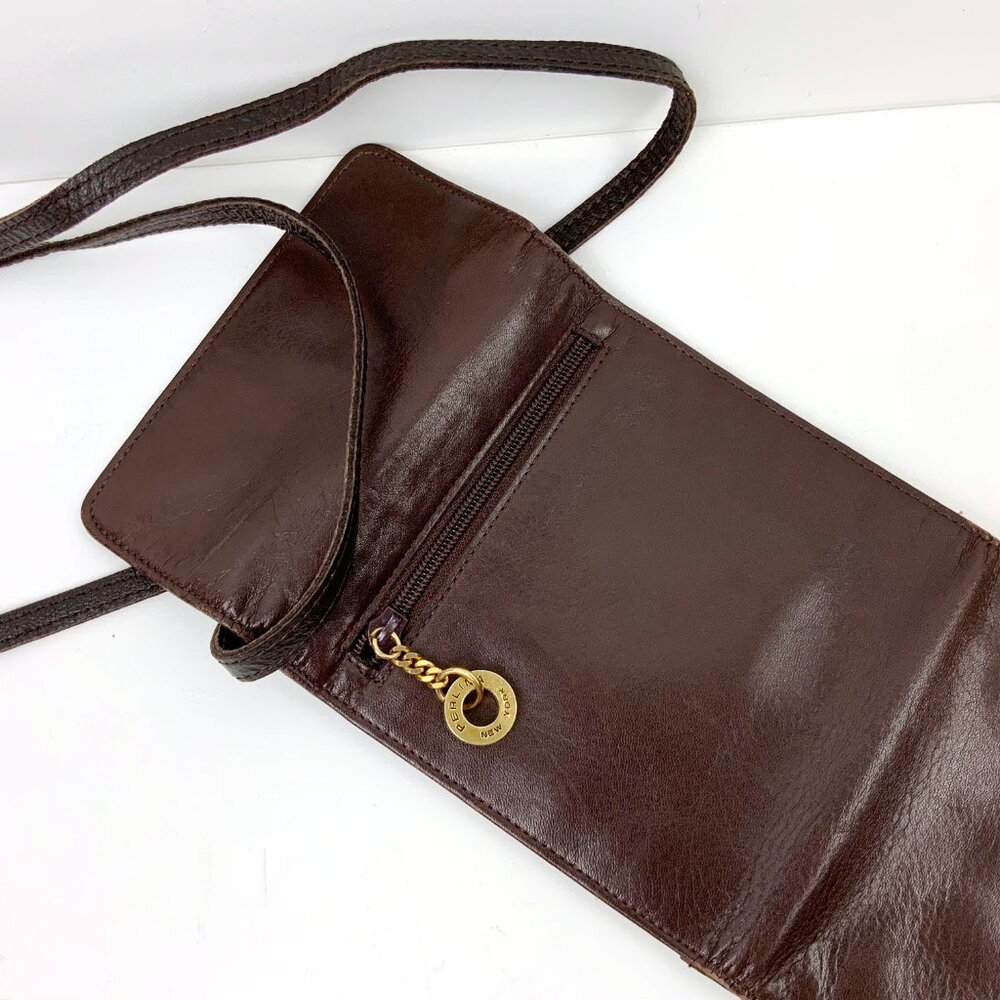 Vintage Perlina New York Brown Genuine Leather Crossbody Bag Organizer - Picture 15 of 16